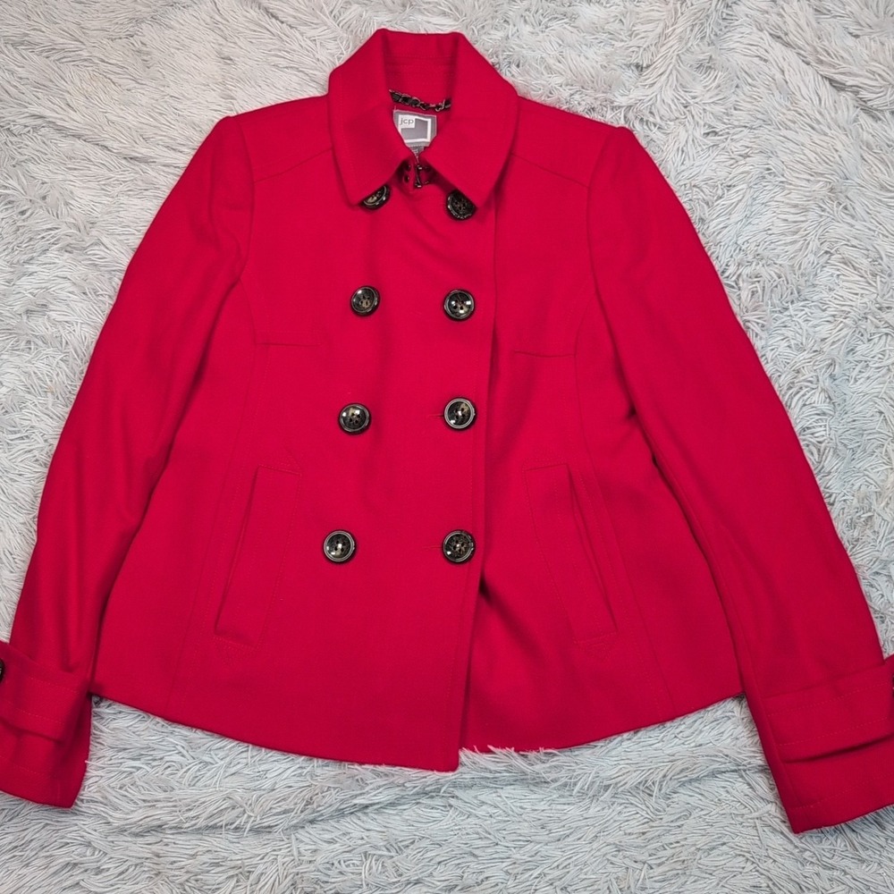 JCP Jacket Womens M Red Wool Blend Coat Pockets Button‎ Up Preppy Comfort